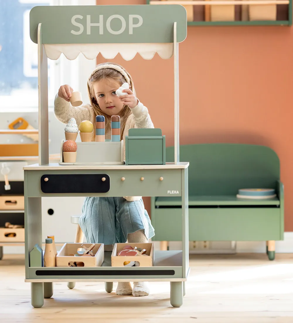 Flexa Trælegetøj|Legekøkken Og Legemøbel*Butik og Café - Træ - Play - Natural Green