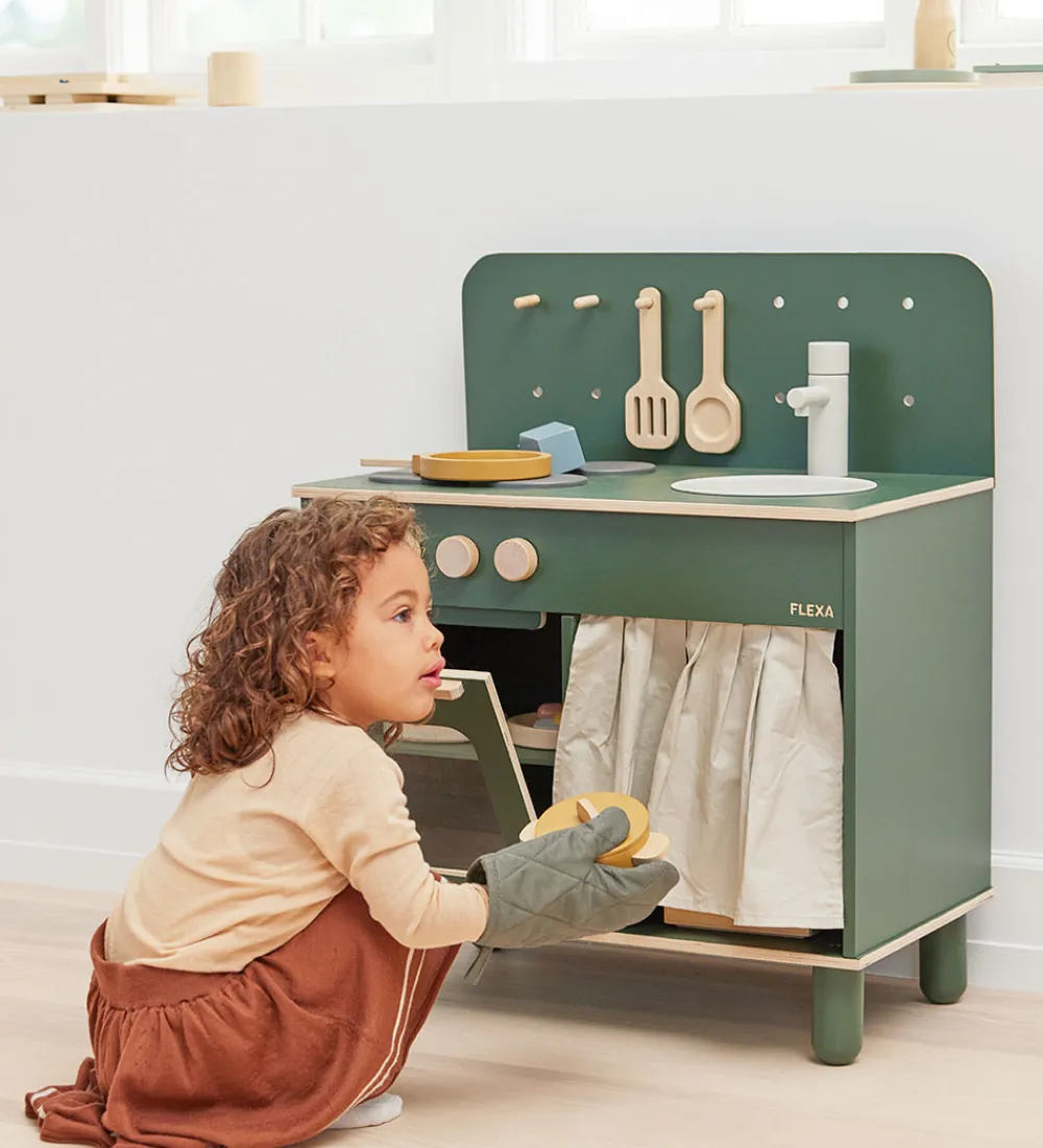 Legekøkken Og Legemøbel-Flexa Play Køkkensæt - Gryde og Pande - Mustard/Naturalwood