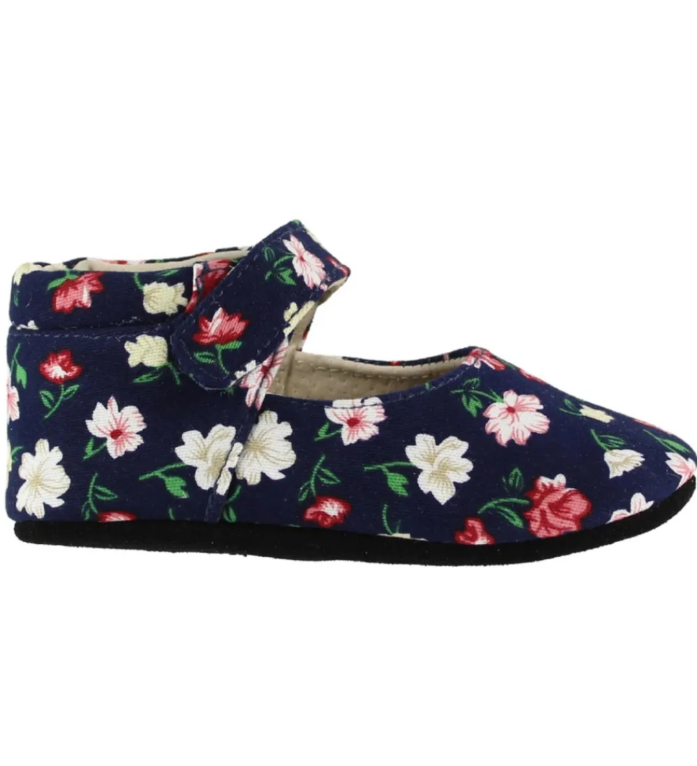 Skindfutter-Fuzzies Ballerina Hjemmesko - Flora - Navy m. Blomster