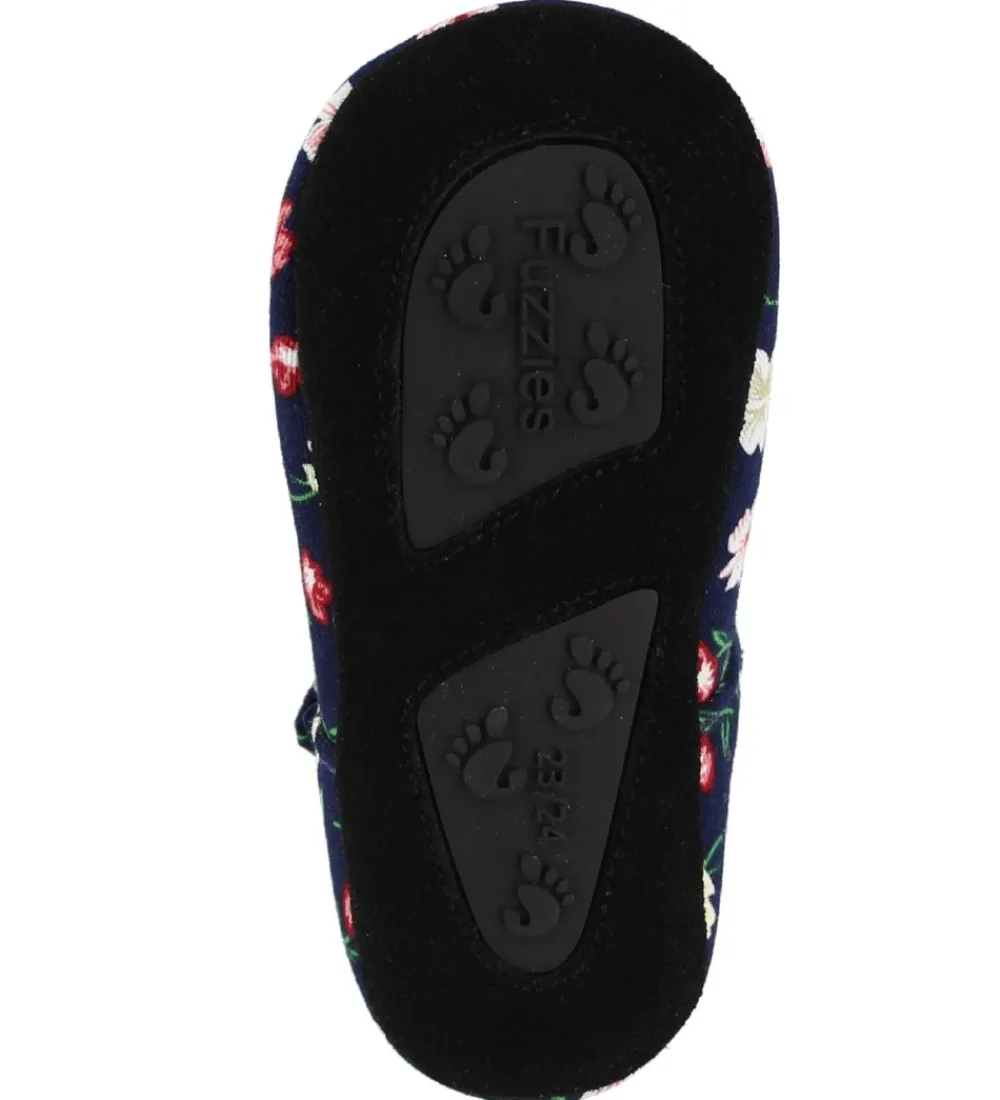 Skindfutter-Fuzzies Ballerina Hjemmesko - Flora - Navy m. Blomster