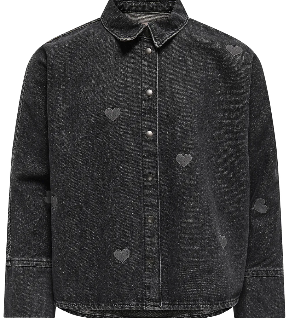 Kjoler-Kids Only Skjorte - KogGrace - Washed Black/ Heart Embroide