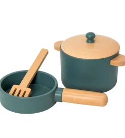 Legemad|Legekøkken Og Legemøbel-MaMaMeMo Gryde/Pandesæt - Træ - Emerald Green