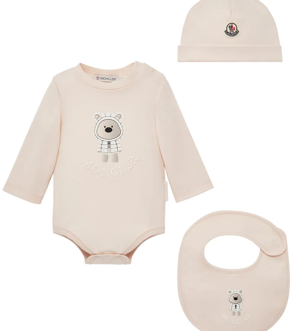 Moncler Savlesmække*Sæt - Hue/Savlesmæk/Body l/æ - Light Pink m. Bamse