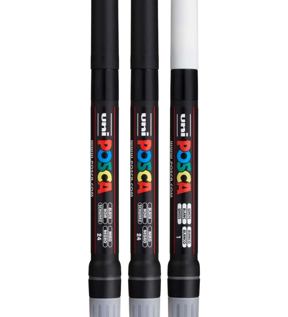 Posca Tuscher Og Farver*Tuscher m. Pensel-spids - PCF-350 - 3 stk. - Hvid/Sort