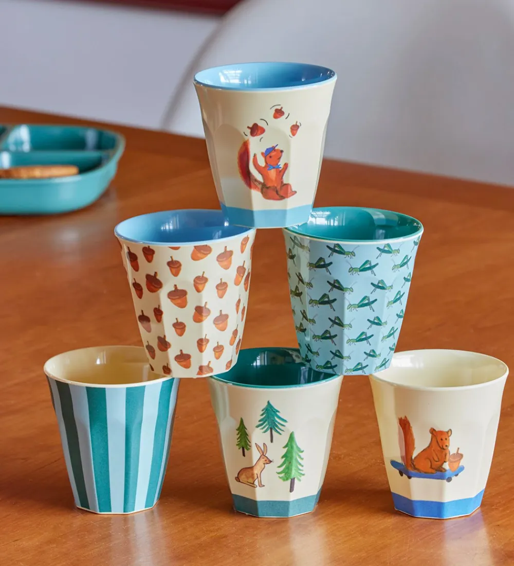 Rice Kop Og Tudekop*Kopper - Melamin - 6 stk. - 160 ml - Blå/Happy Forest Print