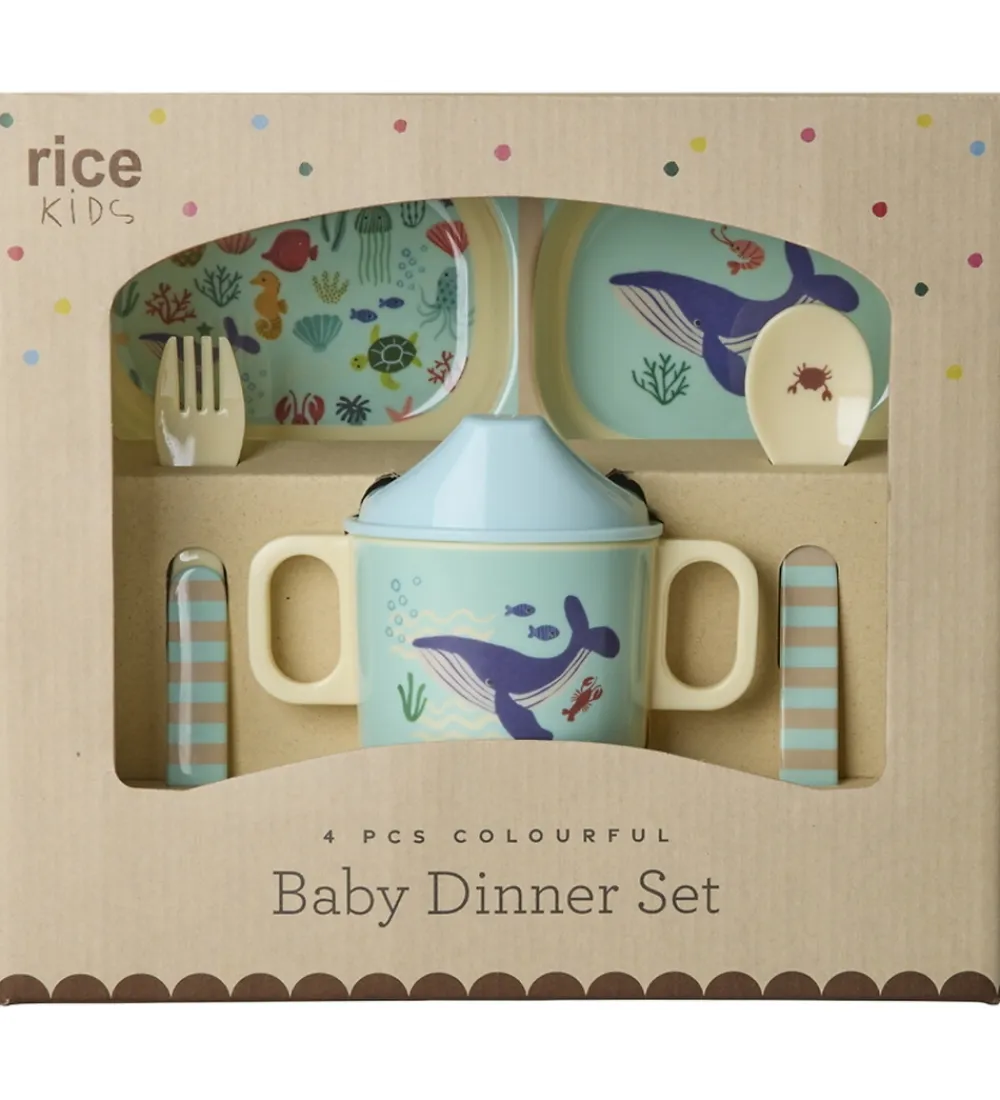 Spisesæt-Rice Spisesæt - Melamin - 4 Dele - Blå Ocean Print